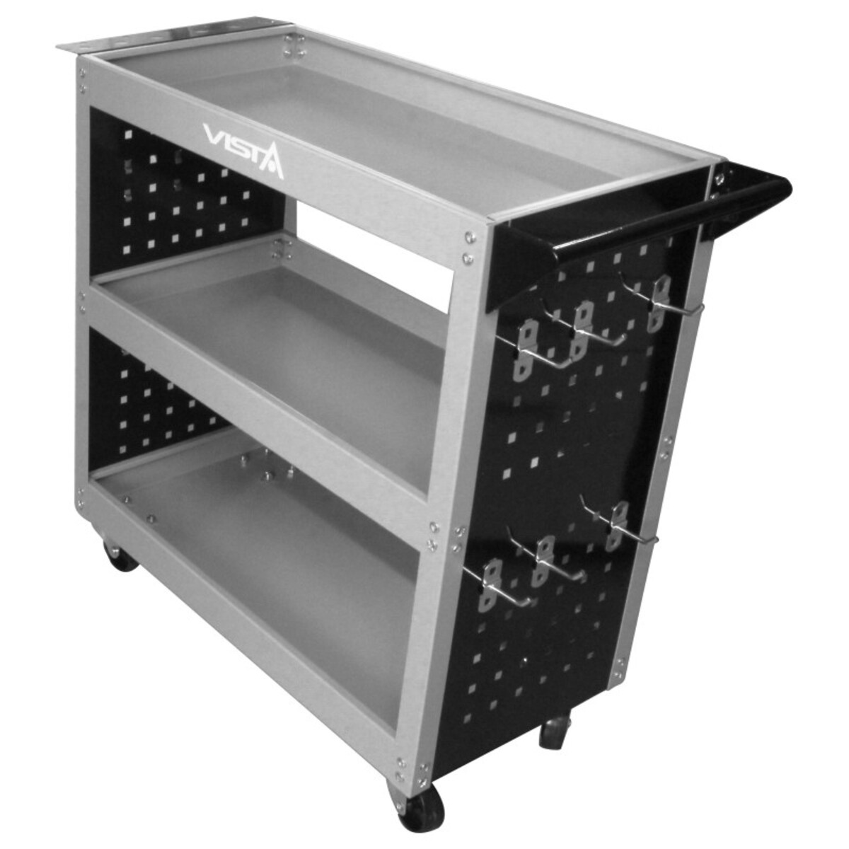 Carucior pentru scule cu 3 rafturi suprapuse si suport special surubelnite + panou pentru carlige Asta Poland V-H3TC Carucior pentru scule cu 3 rafturi suprapuse si suport special surubelnite + panou pentru carlige Asta Poland V-H3TC