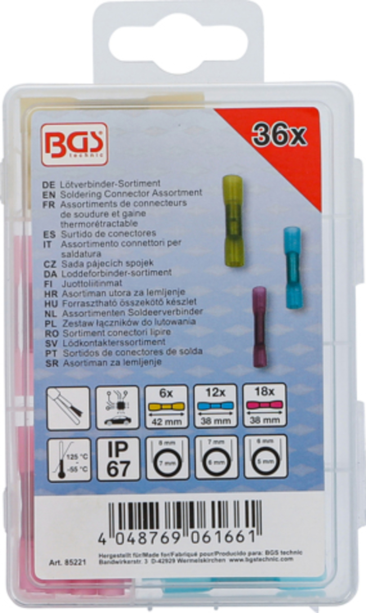 Set conectori pentru lipire cu furtun termocontractabil 36 piese BGS Technic 85221 Set conectori pentru lipire cu furtun termocontractabil 36 piese BGS Technic 85221