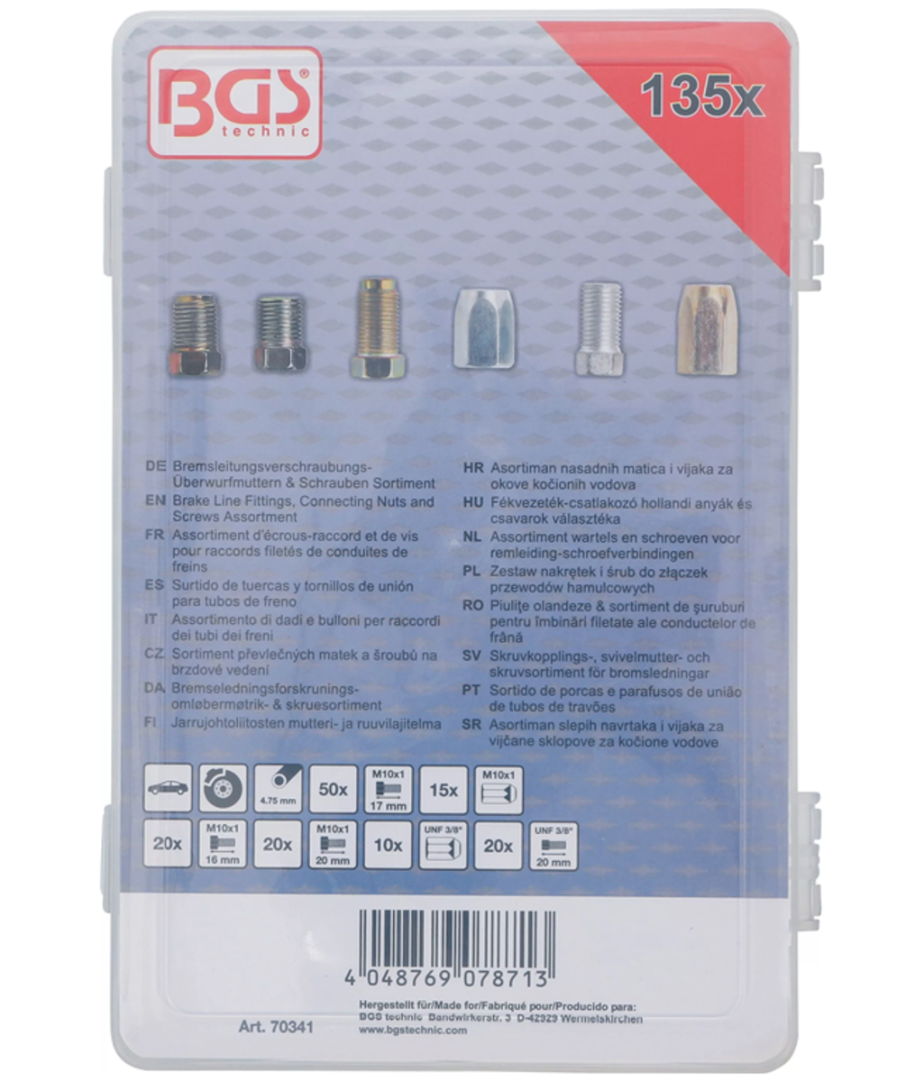 Set piulite-olandeze si suruburi pentru conducte de frana 135piese BGS Technic 70341