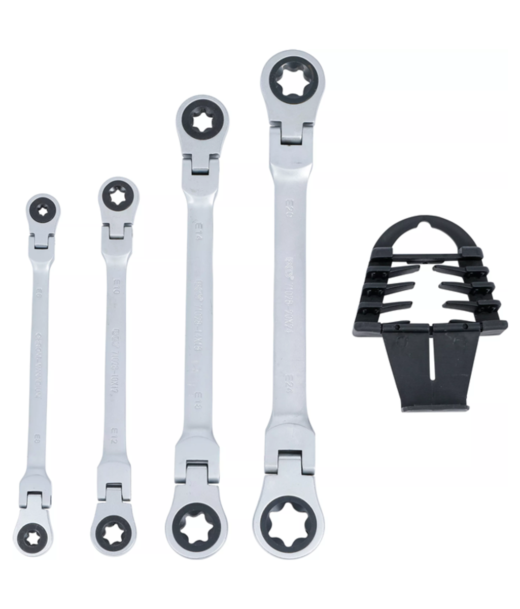 Set chei inelare duble cu clichet articulate E6-E24 4 piese BGS Technic 71028 Set chei inelare duble cu clichet articulate E6-E24 4 piese BGS Technic 71028