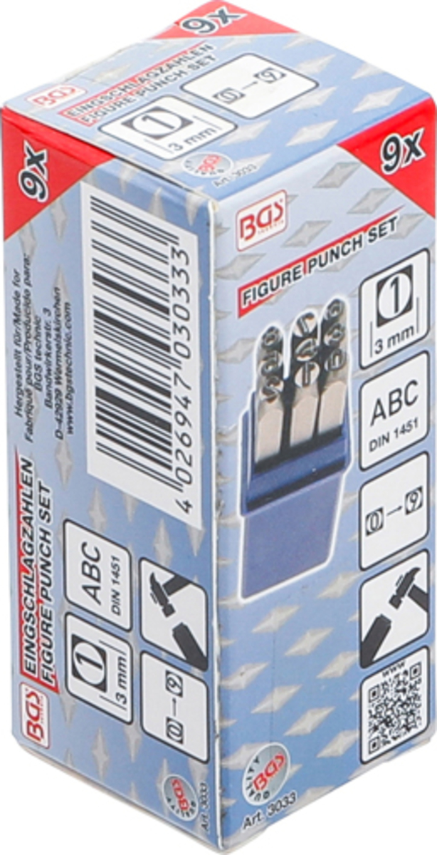 Set poansoane / pansoane cu cifre 0 la 8 / 3mm DIN 1451 BGS Technic 3033 Set poansoane / pansoane cu cifre 0 la 8 / 3mm DIN 1451 BGS Technic 3033