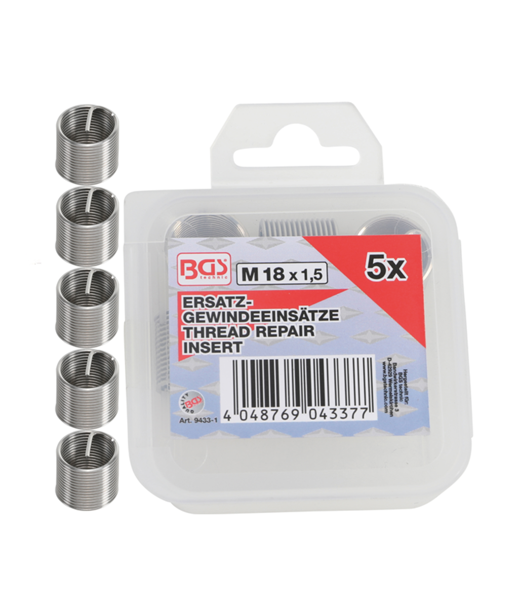 Insertii Helicoil pentru reparatii filete M18x1.5 - 5 piese BGS Technic 9433-1 Insertii Helicoil pentru reparatii filete M18x1.5 - 5 piese BGS Technic 9433-1