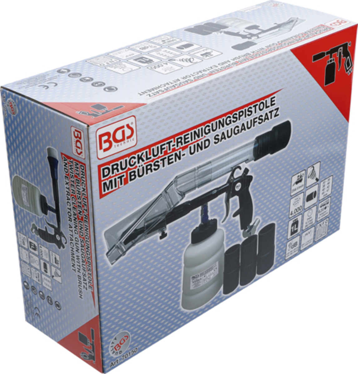 Pistol de curatare pneumatic cu perii si cap cu aspiratie 7 piese BGS Technic 70150 Pistol de curatare pneumatic cu perii si cap cu aspiratie 7 piese BGS Technic 70150