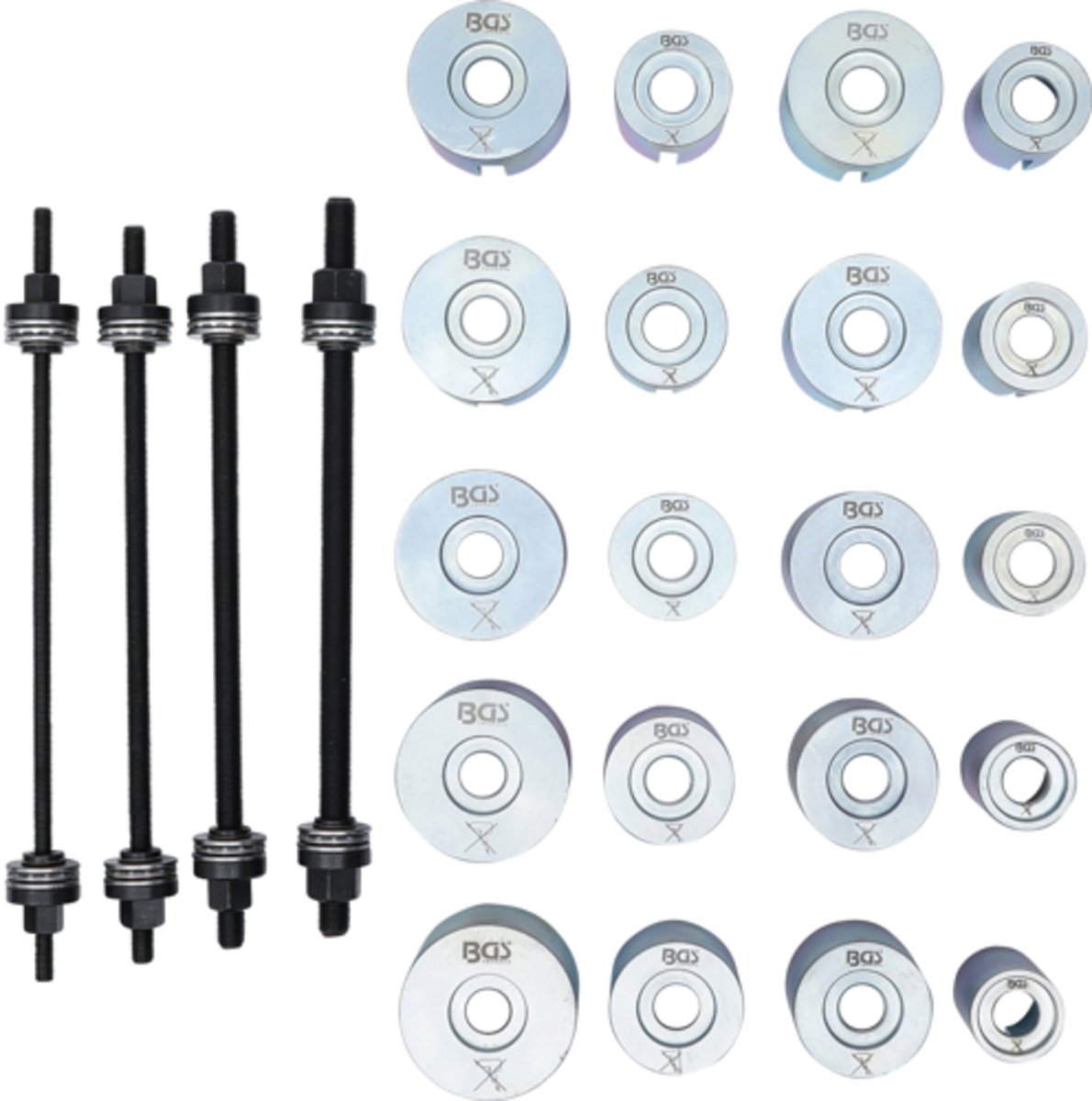 Trusa cu presa pentru bucsi si rulmenti cu 4 axe filetante BGS Technic 1514