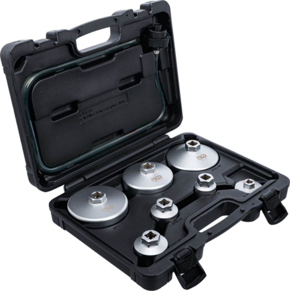 Trusa chei din aluminiu pentru filtre de ulei cu furtun de scurgere 8 piese BGS Technic 72054 Trusa chei din aluminiu pentru filtre de ulei cu furtun de scurgere 8 piese BGS Technic 72054