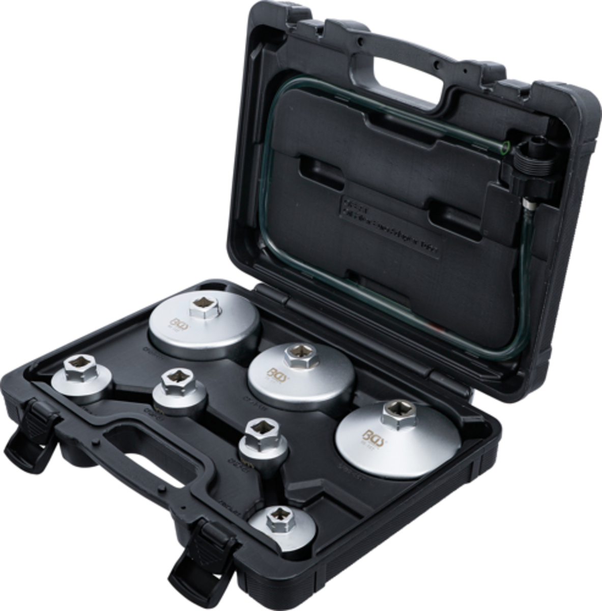 Trusa chei din aluminiu pentru filtre de ulei cu furtun de scurgere 8 piese BGS Technic 72054 Trusa chei din aluminiu pentru filtre de ulei cu furtun de scurgere 8 piese BGS Technic 72054