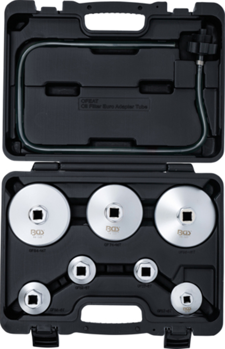 Trusa chei din aluminiu pentru filtre de ulei cu furtun de scurgere 8 piese BGS Technic 72054 Trusa chei din aluminiu pentru filtre de ulei cu furtun de scurgere 8 piese BGS Technic 72054