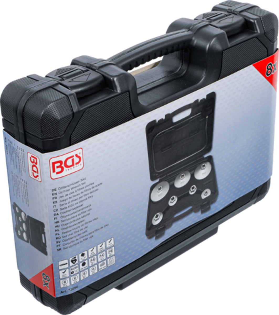 Trusa chei din aluminiu pentru filtre de ulei cu furtun de scurgere 8 piese BGS Technic 72054 Trusa chei din aluminiu pentru filtre de ulei cu furtun de scurgere 8 piese BGS Technic 72054