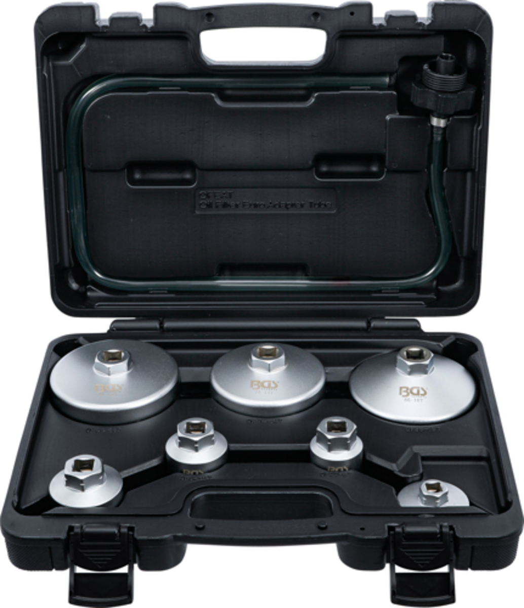 Trusa chei din aluminiu pentru filtre de ulei cu furtun de scurgere 8 piese BGS Technic 72054 Trusa chei din aluminiu pentru filtre de ulei cu furtun de scurgere 8 piese BGS Technic 72054