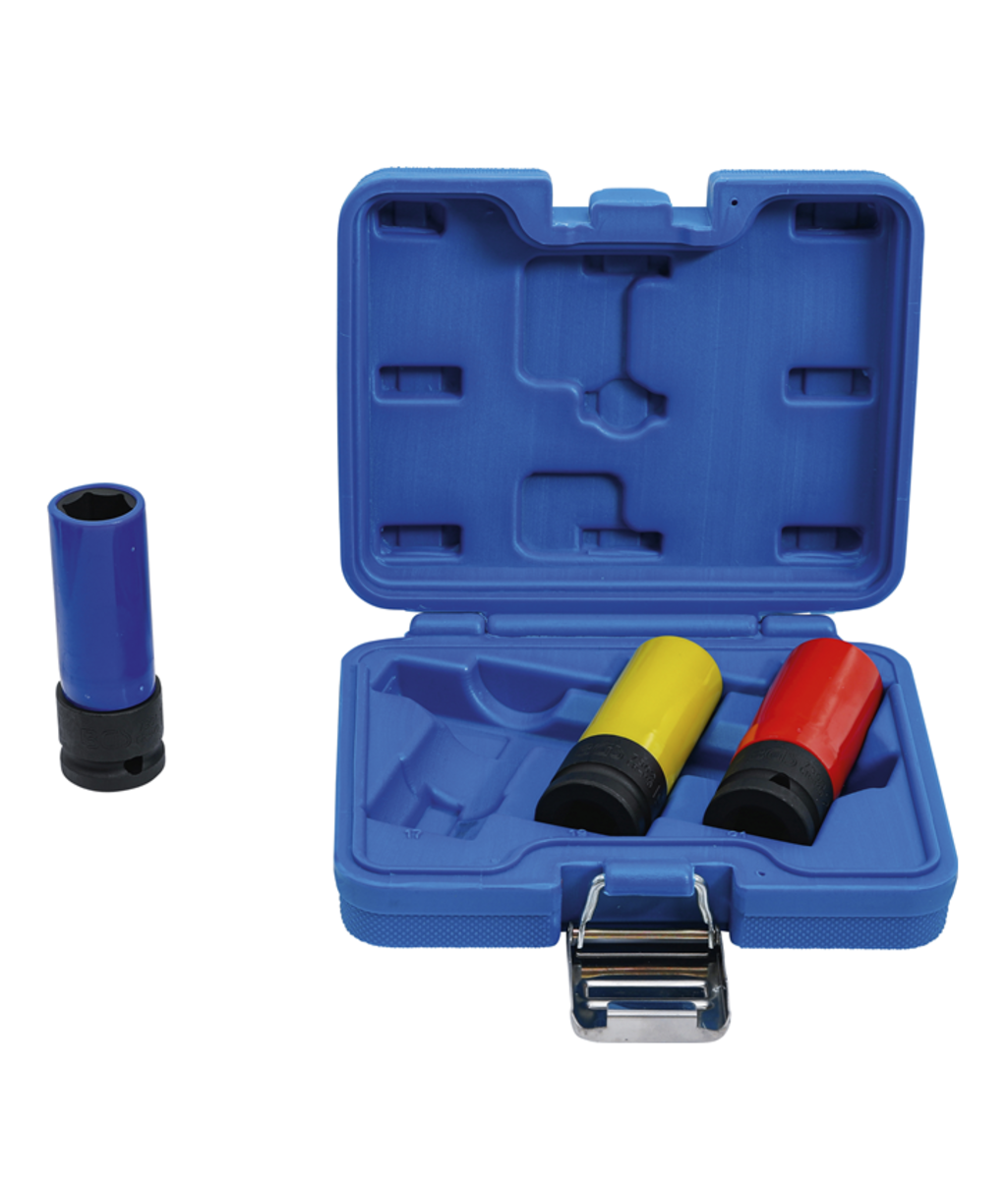 Set tubulare adanci de impact 17-19-21mm cu protectie pentru jante din aliaj 1/2" BGS Technic 7300 Set tubulare adanci de impact 17-19-21mm cu protectie pentru jante din aliaj 1/2" BGS Technic 7300