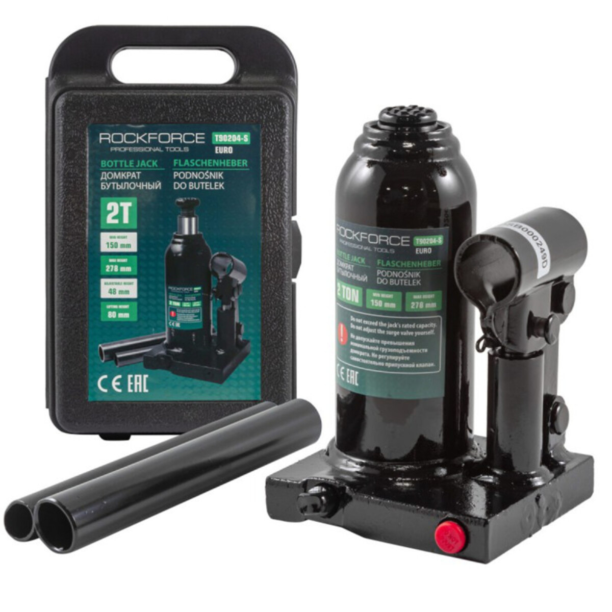 Cric hidraulic profesional tip butelie 2 tone/ 150 - 278mm + Cutie de transport Rock Force RF-T90204-S