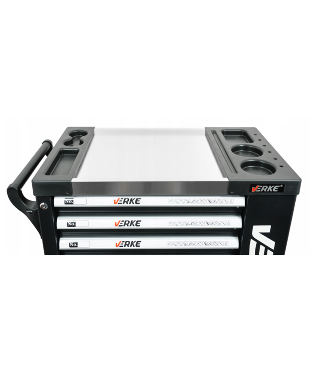 Dulap de scule cu 7 sertare echipat cu banc metalic 298 piese + spatiu lateral de depozitare Verke V33110 Dulap de scule cu 7 sertare echipat cu banc metalic 298 piese + spatiu lateral de depozitare Verke V33110