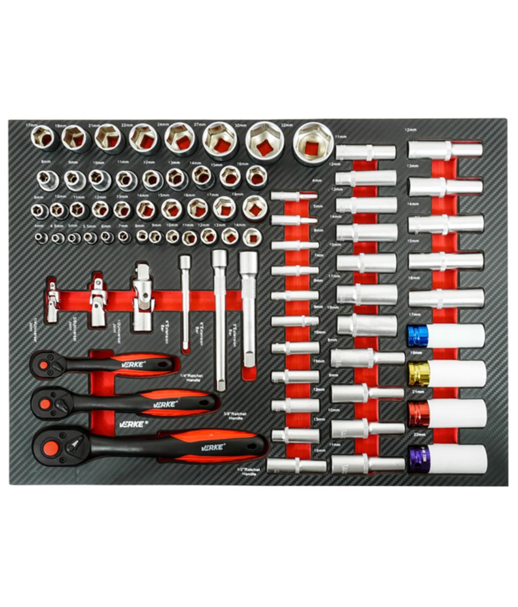 Dulap de scule cu 7 sertare echipat cu banc metalic 298 piese + spatiu lateral de depozitare Verke V33110 Dulap de scule cu 7 sertare echipat cu banc metalic 298 piese + spatiu lateral de depozitare Verke V33110