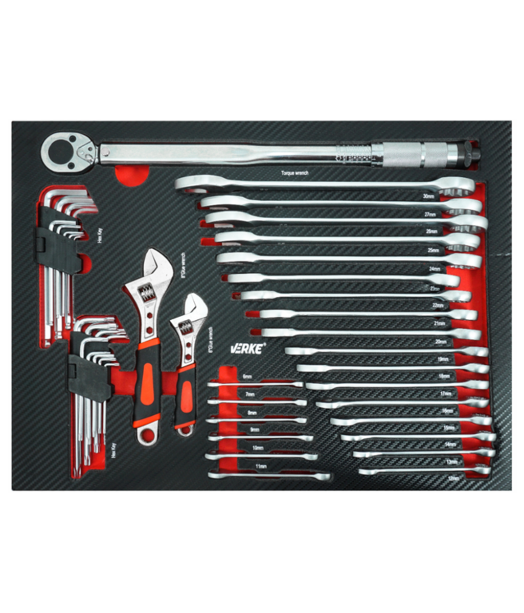 Dulap de scule cu 7 sertare echipat cu banc metalic 298 piese + spatiu lateral de depozitare Verke V33110 Dulap de scule cu 7 sertare echipat cu banc metalic 298 piese + spatiu lateral de depozitare Verke V33110