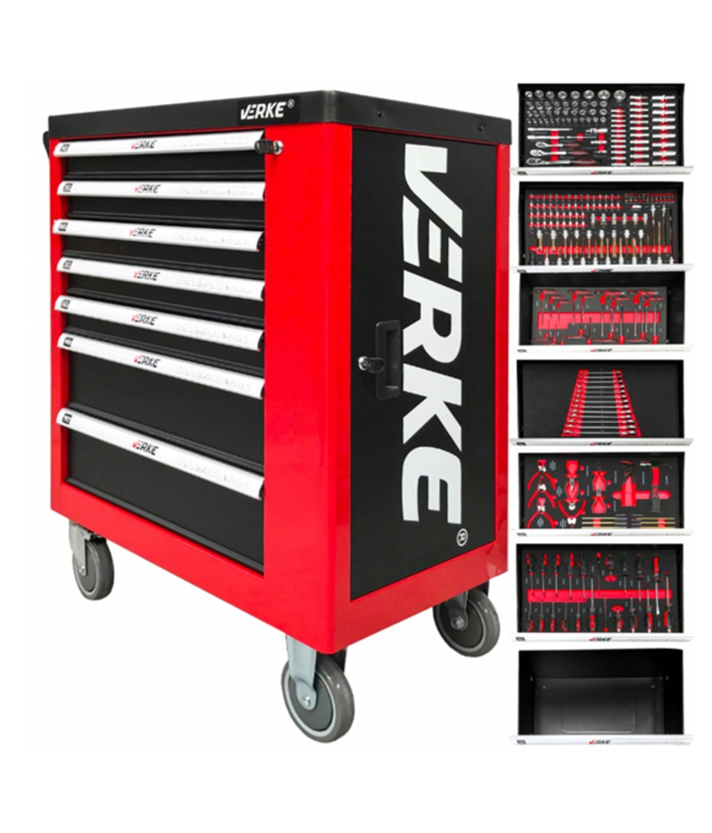 Dulap de scule cu 7 sertare + dulap depozitare echipat cu 250 piese Verke Poland V33107