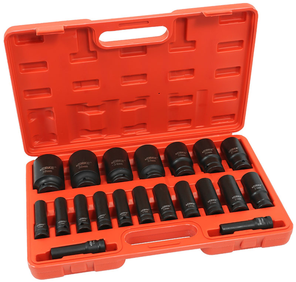 Trusa tubulare de impact lungi 1/2" in 6 colturi - 10-38mm 20piese Verke V39468 Trusa tubulare de impact lungi 1/2" in 6 colturi - 10-38mm 20piese Verke V39468