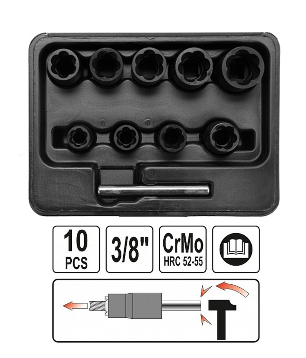Trusa tubulare speciale pentru desfacere prezoane/suruburi uzate 3/8" YATO YT-0603 Trusa tubulare speciale pentru desfacere prezoane/suruburi uzate 3/8" YATO YT-0603